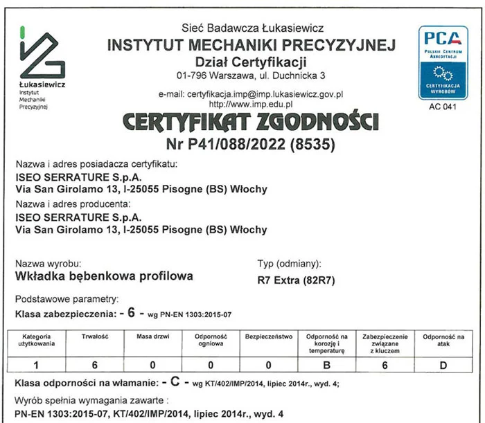 R7 Extra - Dwustronna wkładka bębenkowa - Certyfikat IMP
